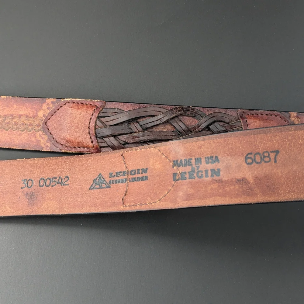 Vintage Leegin USA Full Grain Leather Western Tooled Floral Braided Belt Sz 30